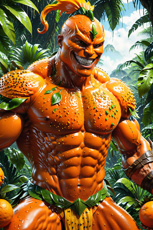 High definition photorealistic render of a incredible and mysterious mythological character of a warrior slime with the body of a man orange, head and body orange fruit inspiration desig fruit in the character, located in a tropical jungle and with a big smile, a well-armed warrior character ready for war, an excellent muscular orange with hypermaximalist 