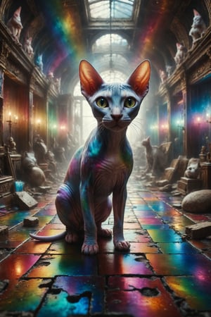 Generate a surreal image of a Sphynx cat with rainbow skin exploring a maze of mirrors in a magical palace full of illusions and secrets in a dream realm.