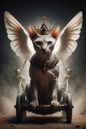 Create an image of a Sphynx cat driving a chariot pulled by two sphinxes, one white and one black. The cat wears a crown and holds the reins, symbolizing victory, control, and determination.
