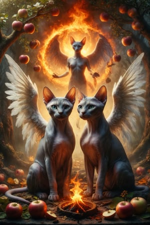 Design an image of two Sphynx cats, one male and one female, standing under an angel blessing them. Behind them, there is an apple tree with a serpent and a tree on fire, symbolizing union, love, and choices.