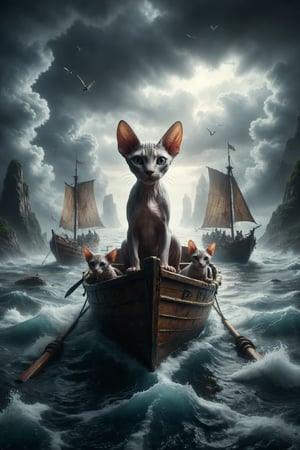 Generate a scene of a Sphynx cat and its family sailing in a boat towards calm waters, leaving behind turbulent waters and six swords stuck in the bottom, symbolizing transition, journey, and overcoming.