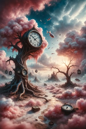 n a surreal landscape, a melted clock twists around a gnarled tree, while in the sky, fish swim among cotton candy clouds.