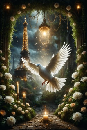 Craft a mesmerizing image where a luminous white dove, its feathers aglow with bioluminescence, alights upon a cascading velvet curtain intertwined with golden chains, set against the backdrop of a lush floral garden overlooked by the iconic Eiffel Tower. This surreal amalgamation of elements evokes a sense of timeless elegance and enchantment.