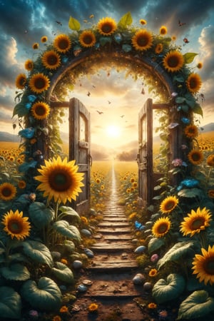 Create an illustration of a door in the middle of a sunflower field leading to a dream world full of magical creatures.