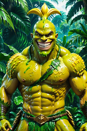High definition photorealistic render of a incredible and mysterious mythological character of a warrior slime with the body of a man, located in a tropical jungle and with a big smile, a well-armed warrior character ready for war, an excellent muscular banana with hypermaximalist details