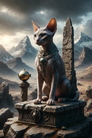 Create an image of a Sphynx cat on a stone throne with a mountainous landscape in the background. The cat wears armor and holds an orb and a scepter, symbolizing leadership, authority, and stability.