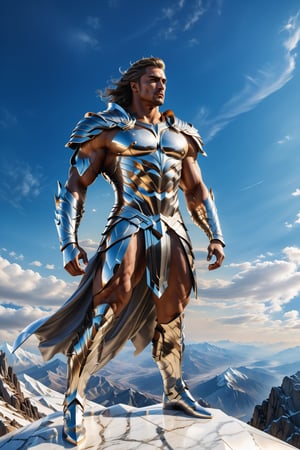 High definition photorealistic render of a incredible and mysterious mythological character of a warrior tranformer men in a mounstains sky with hypermaximalist details, marble, metal and glass parametric zaha hadid