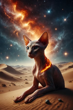 Generate a surreal image of a Sphynx cat with fire skin, lounging on the dunes of a star desert under a sky filled with comets and bright constellations.