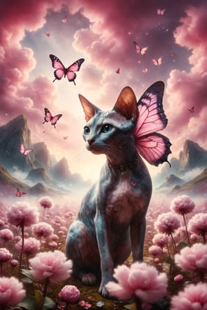 Create an illustration of a Sphynx cat with butterfly wings, fluttering among pink cotton clouds over a crystal meadow in a dreamlike landscape.