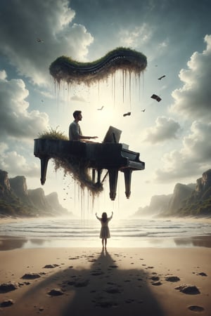 Create an illustration of a person playing a floating piano in the air over a deserted beach.