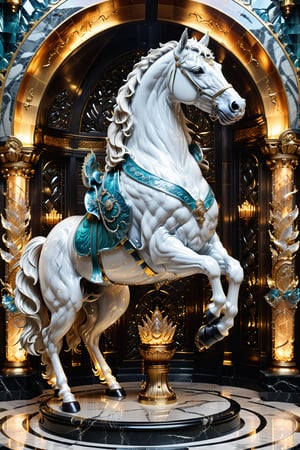 (best quality,  highres,  ultra high resolution,  masterpiece,  realistic,  extremely photograph,  detailed photo,  8K wallpaper,  intricate detail,  film grains), majestic statue made of sculpted and blown glass, of a mitical horse  placed on a throne, inside a luxurious castle whit parametric style, art deco, made of metal and marble
