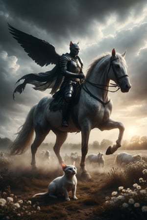 Create a scene where a Sphynx cat in black armor rides a white horse, traversing a field where people kneel, symbolizing the end of a cycle, transformation, and rebirth.