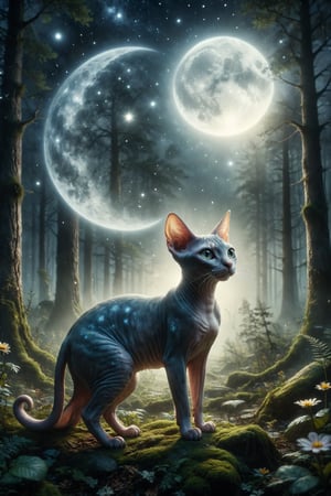 Design a fantasy scene where a Sphynx cat with moon skin encounters a magical creature in a forest clearing under the silver glow of the full moon and bright stars.