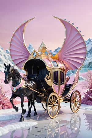 High definition photorealistic render of a luxury beautiful horse-drawn carriage on a mountain pink sculping sculptural, in the seabed, with fish and marine life and bubbles , ice efects, with fluid and organic shapes, with a background where a parametric sculpture with dragon wings appears, in metal, marble and iridescent glass, with precious diamonds, with symmetrical curves in the shape of wings in marble background black & white details gold, chaotic swarowski, inspired by the style of Zaha Hadid, gold iridescence, with black and white details. The design is inspired by the Tomorrowland 2022 main stage, with ultra-realistic Art Deco details and a high level of image complexity iridescence.
