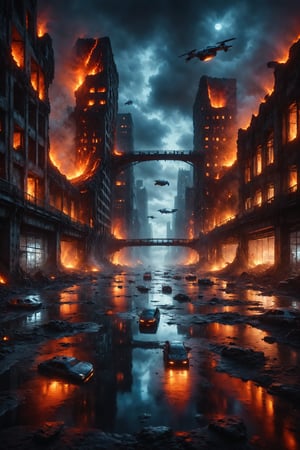 In a surreal urban landscape, buildings are constructed with mirrors reflecting the night sky, and flying cars pass through glass bridges spanning rivers of lava.