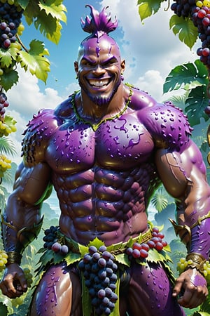 High definition photorealistic render of a incredible and mysterious mythological character of a warrior slime with the body of a man purple, head and body grapes inspiration desig fruit in the character, located in a tropical jungle and with a big smile, a well-armed warrior character ready for war, an excellent muscular grapes with hypermaximalist 