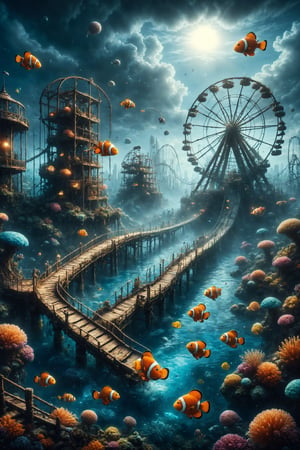 Create an illustration of an amusement park at the bottom of the ocean, with underwater roller coasters and clownfish as jugglers.