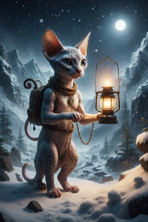 Design a scene of a Sphynx cat holding a lantern in one paw and a staff in the other, walking on a snowy mountain. The lantern lights the way, symbolizing introspection, wisdom, and the quest for knowledge.