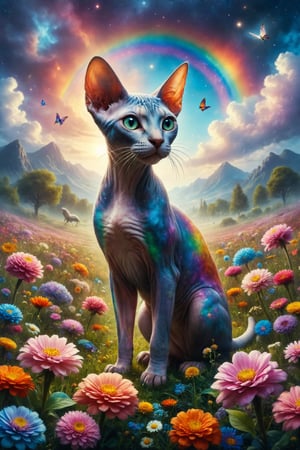 Create an illustration of a Sphynx cat with rainbow skin playing in a meadow of bright flowers in a world of vivid colors and magical landscapes under a dreamy sky.