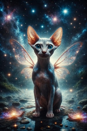 Generate a surreal image of a Sphynx cat with fairy wings, floating above a river of stars in a dreamy universe full of bright constellations.