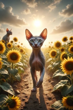 Create a scene of a Sphynx cat frolicking under the sun, surrounded by sunflowers and small children, symbolizing happiness, vitality, and success.