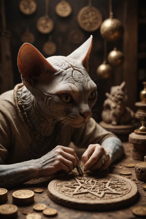Design a scene of a Sphynx cat concentrating on his craftsmanship, carving coins with precisely carved pentacles, symbolizing dexterity, skill and dedication to perfection.