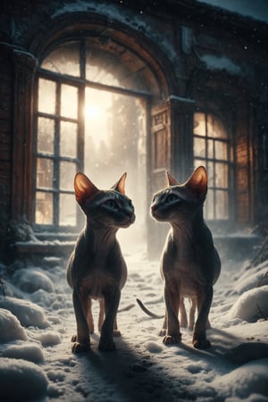 Design an image of a Sphynx cat and another cat walking together in the snow toward an illuminated window, symbolizing scarcity, hardship, and the search for help.