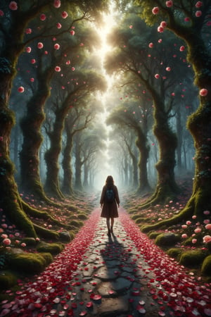 Design a scene of a person walking on a path of rose petals in an enchanted forest.