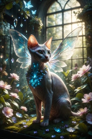 Create an illustration of a Sphynx cat with angel wings exploring a suspended glass garden, where crystal flowers shine with iridescent light under the sunlight.