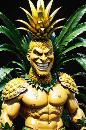 High definition photorealistic render of a incredible and mysterious mythological character of a warrior pineapple with the body of a man and with a big smile, located in a tropical jungle with parametric sculptures in marble and golden metal, a well-armed warrior character ready for war, an excellent muscular banana with details hypermaximalist and details of precious stones in marble