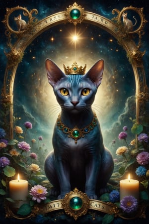 elegant and mystical style. The central image should feature a majestic Sphynx cat against a starry background with astrological symbols. The cat wears a golden crown and is surrounded by a halo of golden light. At the top, include the title "Mystical Cats Tarot" in an elegant, golden font. At the bottom, add subtle and ornate floral details in gold and emerald tones. Use deep and rich colors such as dark blue, deep purple, and gold to convey a sense of mystery and spirituality. The design should evoke a feeling of luxury and magic, inviting the user to explore the world of tarot with reverence and wonder.