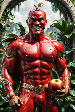 High definition photorealistic render of a incredible and mysterious mythological character of a luxurious red apple warrior with a man's body and a big smile, located in a tropical jungle, a well-armed warrior character ready for war, an excellent muscular red apple with hypermaximalist details and stone details beautiful in the marble and in the background there must be an immense parametric sculpture with wings in marble and golden metal inspired by the imposing architecture of Zaha Hadid, a design inspired by the main stage of tomorrowland 2022, very luxurious and with fine details