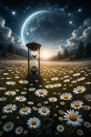 In a meadow of daisies, flower heads turn to follow a sun floating in the night sky, while the moon, shaped like an hourglass, spills stars onto the earth.