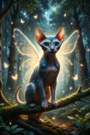 Create an illustration of a Sphynx cat with angel wings, perched on a tree branch in an enchanted forest full of glowing fireflies.