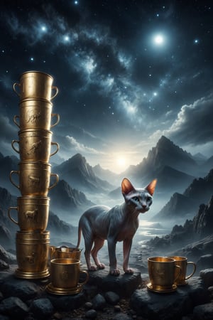 Design a scene of a Sphynx cat walking toward a mountain under a night sky, leaving behind 8 stacked  metal golden  thophy cups, symbolizing abandonment, search, and spiritual journey.