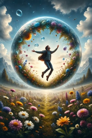 Create an illustration of a person flying in a crystal bubble over a field of wildflowers.