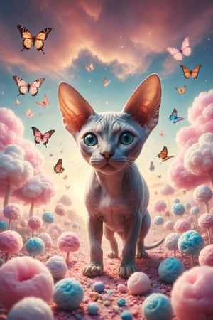 Create an illustration of a Sphynx cat with butterfly wings flying over a cotton candy field in a fantasy world full of sweets and delights under a pastel sky.