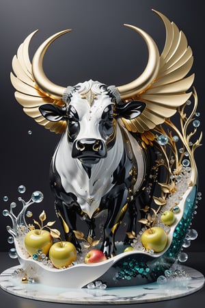 High definition photorealistic render of a luxury giant bull eating apples sculping sculptural, in the seabed, with fish and marine life and bubbles , ice efects, with fluid and organic shapes, with a background where a parametric sculpture with dragon wings appears, in metal, marble and iridescent glass, with precious diamonds, with symmetrical curves in the shape of wings in marble background black & white details gold, chaotic swarowski, inspired by the style of Zaha Hadid, gold iridescence, with black and white details. The design is inspired by the Tomorrowland 2022 main stage, with ultra-realistic Art Deco details and a high level of image complexity iridescence.
