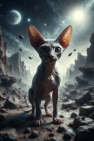 Generate a surreal image of a Sphynx cat with alien antennas exploring a lunar landscape full of craters and floating rocks in a science fiction universe.