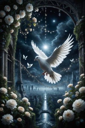 Design a surreal artwork featuring a bioluminescent white dove gracefully soaring through a midnight sky above the Eiffel Tower, its feathers aglow with a soft, ethereal light. Below, a lush floral garden unfolds, intertwined with delicate chains and velvet draperies, creating a dreamlike tableau of natural beauty and urban elegance.