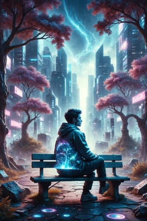 Create an illustration of a person sitting on a park bench in a futuristic city with holographic trees.