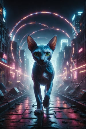 Generate a surreal image of a Sphynx cat with neon skin running through a maze of lights in a futuristic city, where the buildings glow with fluorescent colors in the darkness.