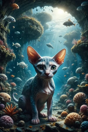 Create an illustration of a Sphynx cat with sea skin exploring an ocean of dreams in a magical submarine full of fantastic sea creatures and underwater ruins.