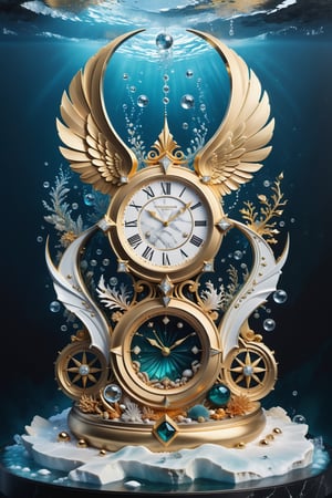 High definition photorealistic render of a luxury Beautiful well-detailed Roman sinumero clock, floating on a mountain with sculptural sculptured ornament, at the bottom of the sea, with fish and marine life and bubbles, ice effects, with fluid and organic shapes, with precious stones, metal and marble, gold, with a background where a parametric sculpture with dragon wings appears, in metal, marble and iridescent glass, with precious diamonds, with symmetrical curves in the shape of wings on a marble background, black and white details, chaotic swarowski, inspired by the style by Zaha Hadid, gold iridescence, with black and white details. The design is inspired by the main stage of Tomorrowland 2022, with ultra-realistic Art Deco details and a high level of iridescence of image complexity, a photograph with professional photography parameters with focal aperture and depth of field and ISO