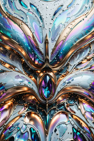 (best quality,  highres,  ultra high resolution,  masterpiece,  realistic,  extremely photograph,  detailed photo,  8K wallpaper,  intricate detail,  film grains), luxurious symmetrical sculptural form in metal, marble and holographic iridescent glass in parametric style, inspired by the designs of Zaha Hadid, with fluid curves and pointed tips like the tribal tattoo style, luxurious sculptural form in high definition, with wings and hypersonic super rocket with iridescent effect and sparkling white dots