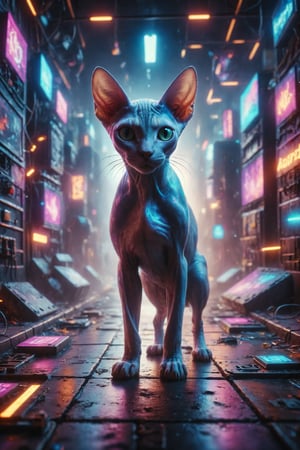 Generate a surreal image of a Sphynx cat with neon skin playing in a maze of colorful lights in a futuristic city of advanced technology and bright holograms.