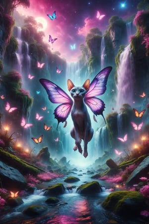 Design a dreamy scene where a Sphynx cat with butterfly wings flies amid the waterfalls of a neon river in a dream valley, while fairies dance around it.