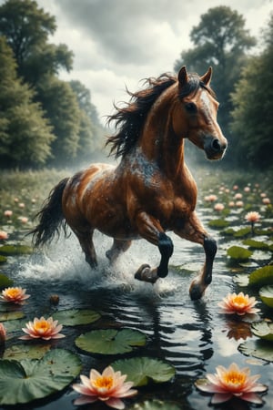 Generate an image of a horse with the skin of a goldfish galloping through a meadow of water lilies.