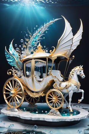 High definition photorealistic render of a luxury beautiful horse-drawn carriage on a mountain sculping sculptural, in the seabed, with fish and marine life and bubbles , ice efects, with fluid and organic shapes, with a background where a parametric sculpture with dragon wings appears, in metal, marble and iridescent glass, with precious diamonds, with symmetrical curves in the shape of wings in marble background black & white details gold, chaotic swarowski, inspired by the style of Zaha Hadid, gold iridescence, with black and white details. The design is inspired by the Tomorrowland 2022 main stage, with ultra-realistic Art Deco details and a high level of image complexity iridescence.
