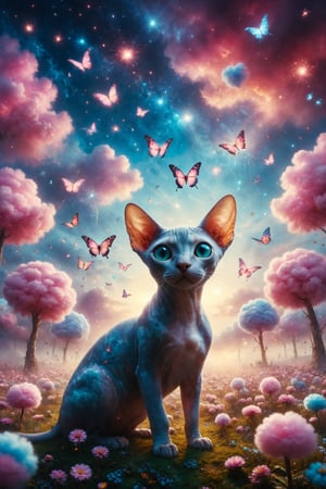 Design a dreamy scene where a Sphynx cat with opal skin plays with fluorescent butterflies in a cotton candy meadow under a sky of fireworks.